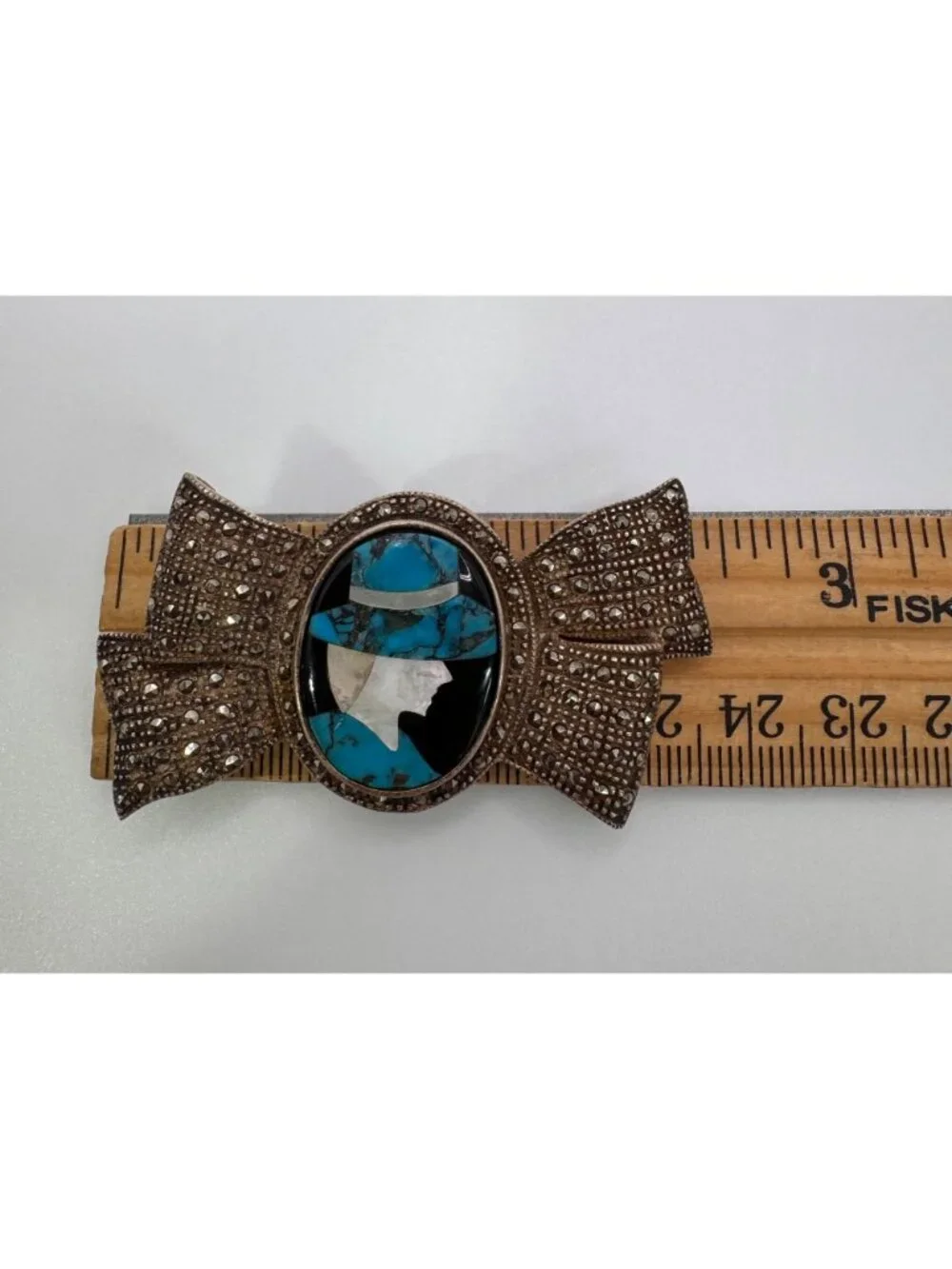 925 TH Sterling Silver Turquoise Abalone MOP Onyx Inlay Marcasite Bow Brooch - Picture 11 of 12